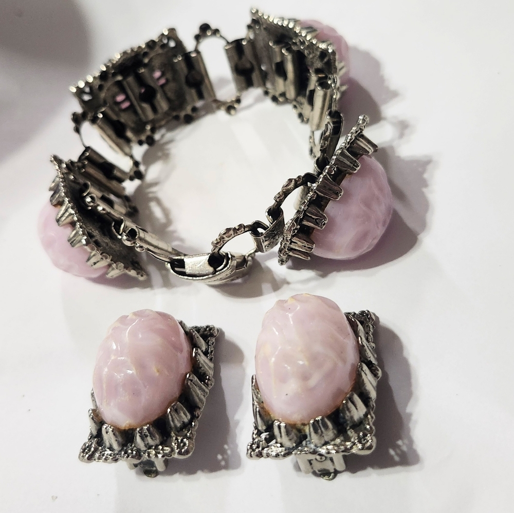Vtg Selro Selini Unsigned Light Pink Silver Tone Chunky Bracelet Earrings Set
